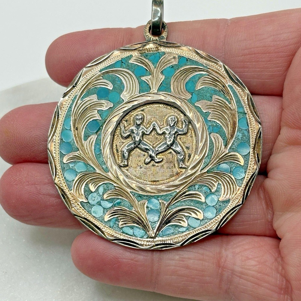 Vintage Zodiac Disc Sterling Silver Pendant Turquoise Gemini Astrological Large